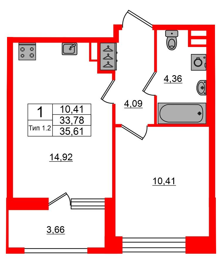 1-комнатная 33 м2 в ЖК Setl Ривьера корпус null этаж 2