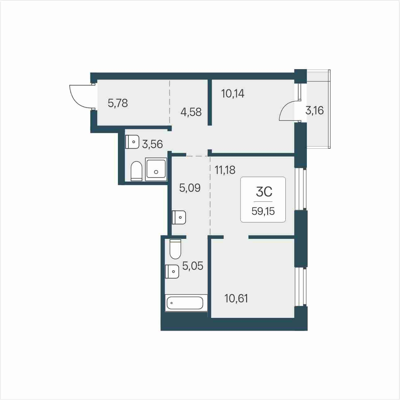 3-комнатная 59 м2 в ЖК Расцветай в Солнечном корпус null этаж 8