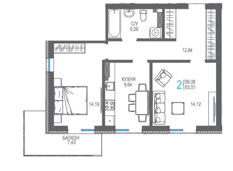 2-комнатная 63.5 м2 в ЖК undefined корпус null этаж 7