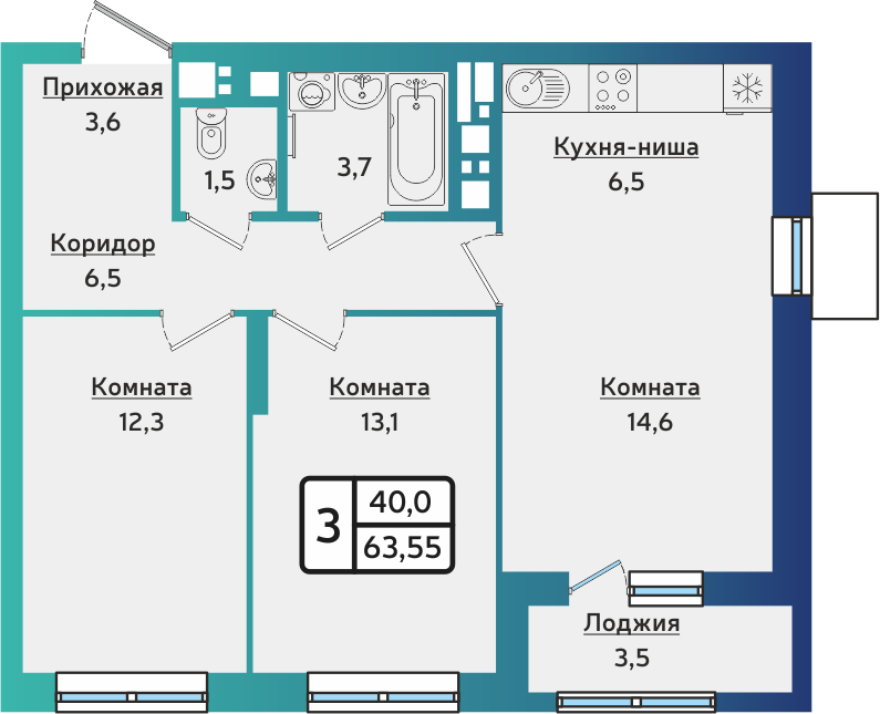 3-комнатная 63 м2 в ЖК ARTNOVA корпус null этаж 2