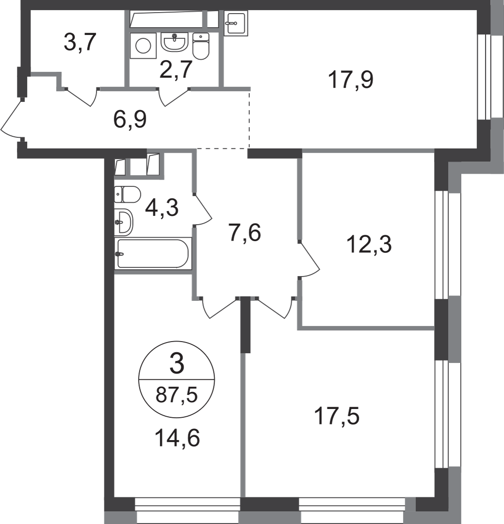 3-комнатная 87 м2 в ЖК Первый Московский корпус null этаж 22