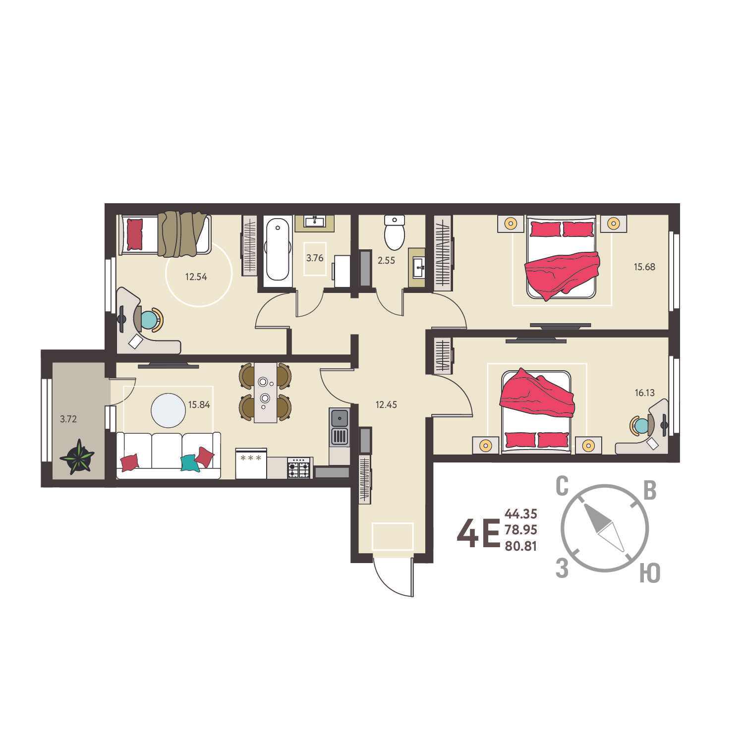 3-комнатная 80 м2 в ЖК Инстеп.Сити корпус null этаж 14