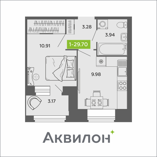 1-комнатная 29 м2 в ЖК Аквилон ROSA корпус null этаж 8