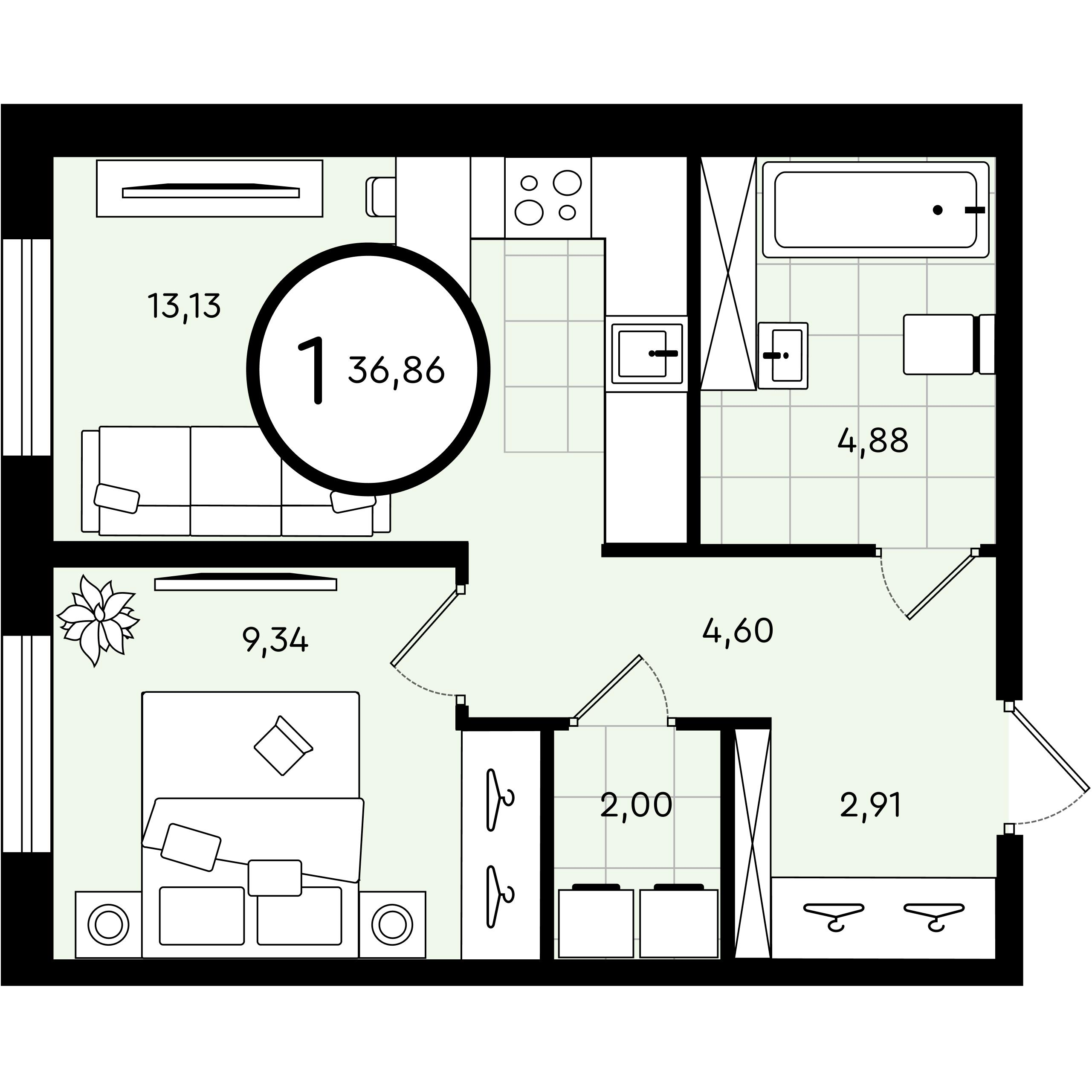 1-комнатная 36 м2 в ЖК Зеленые Аллеи корпус null этаж 3
