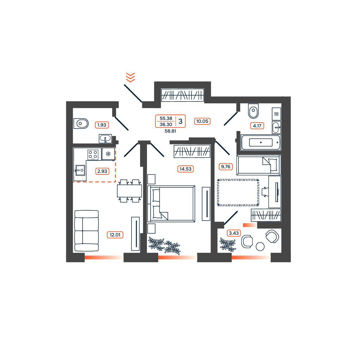 3-комнатная 58 м2 в ЖК Темп корпус null этаж 12