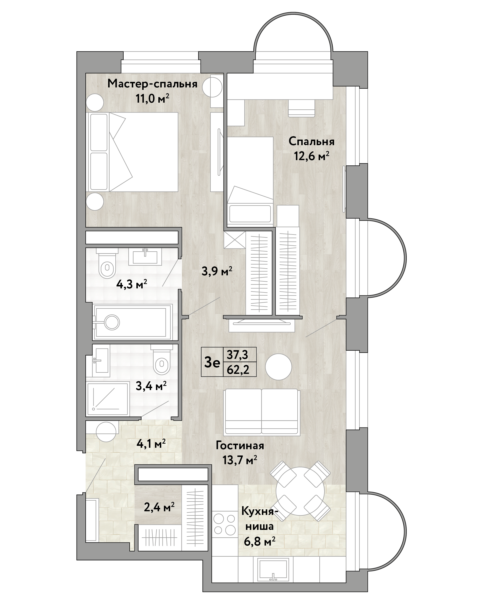 2-комнатная 60 м2 в ЖК Новые Смыслы корпус null этаж 6