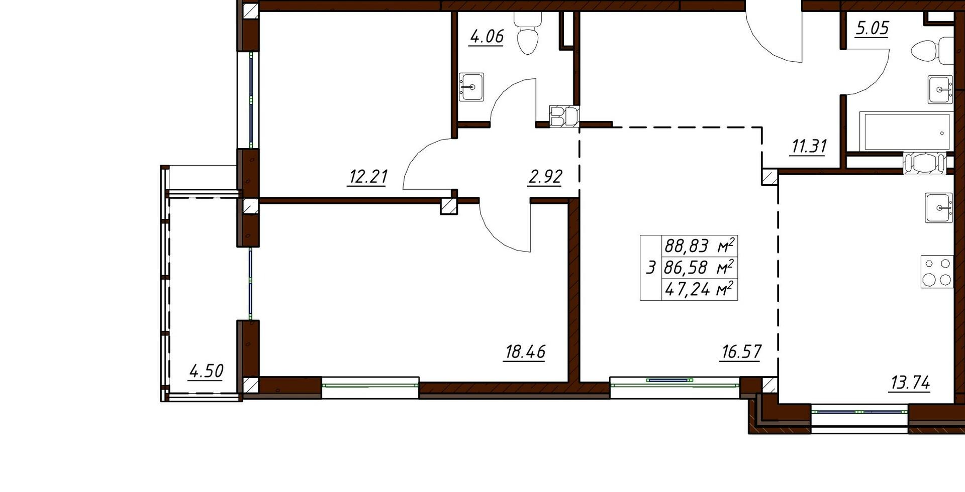 3-комнатная 88 м2 в ЖК Пушкин корпус null этаж 3