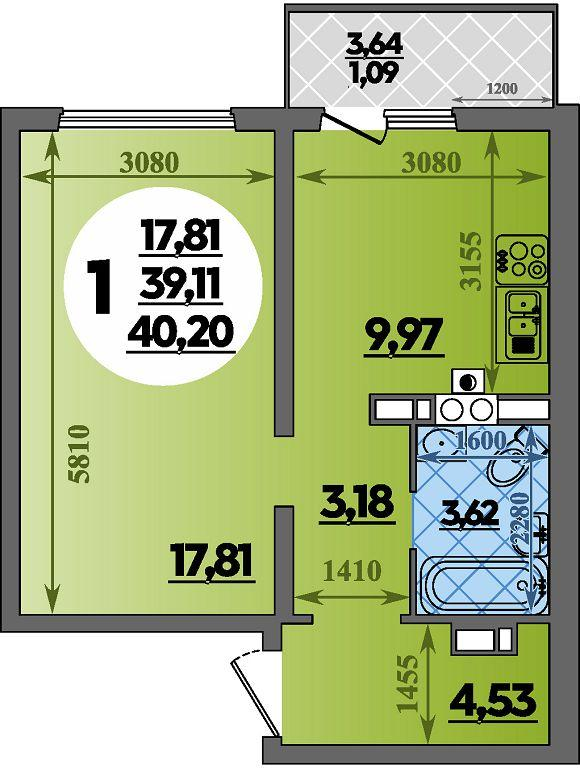 1-комнатная 40 м2 в ЖК Первый корпус null этаж 8