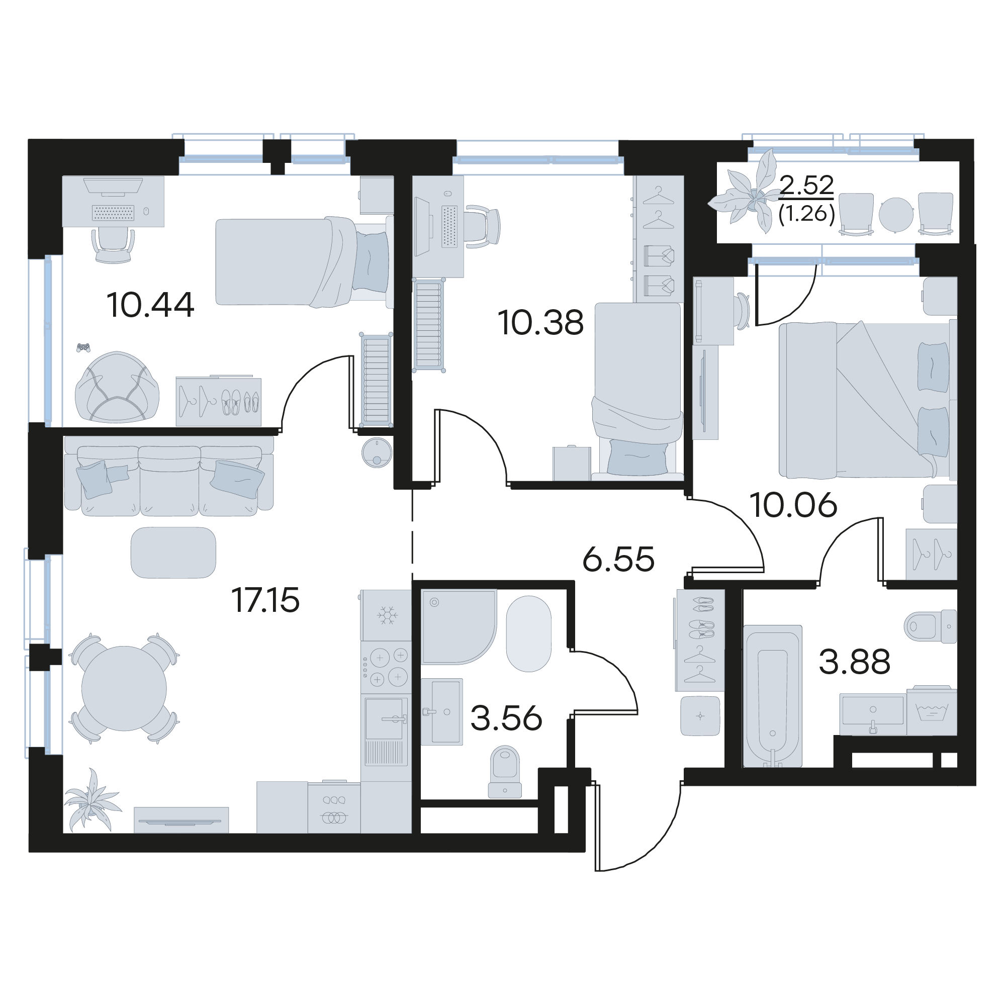 3-комнатная 63 м2 в ЖК GloraX Октябрьский корпус null этаж 7