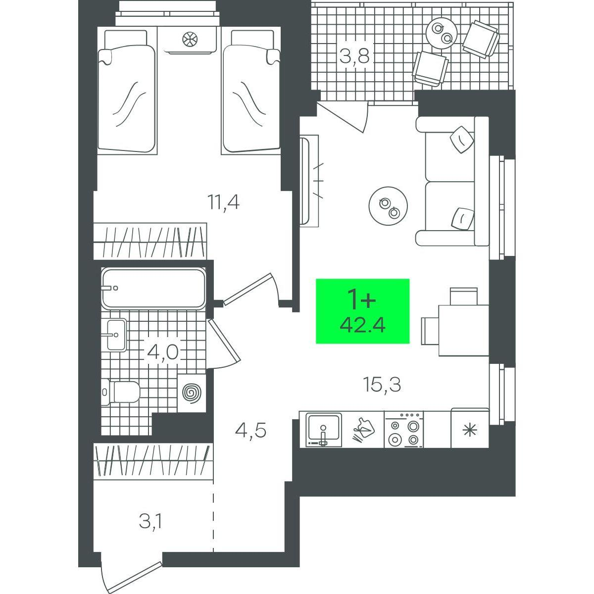 1-комнатная 42 м2 в ЖК Гранд Квартал корпус null этаж 18