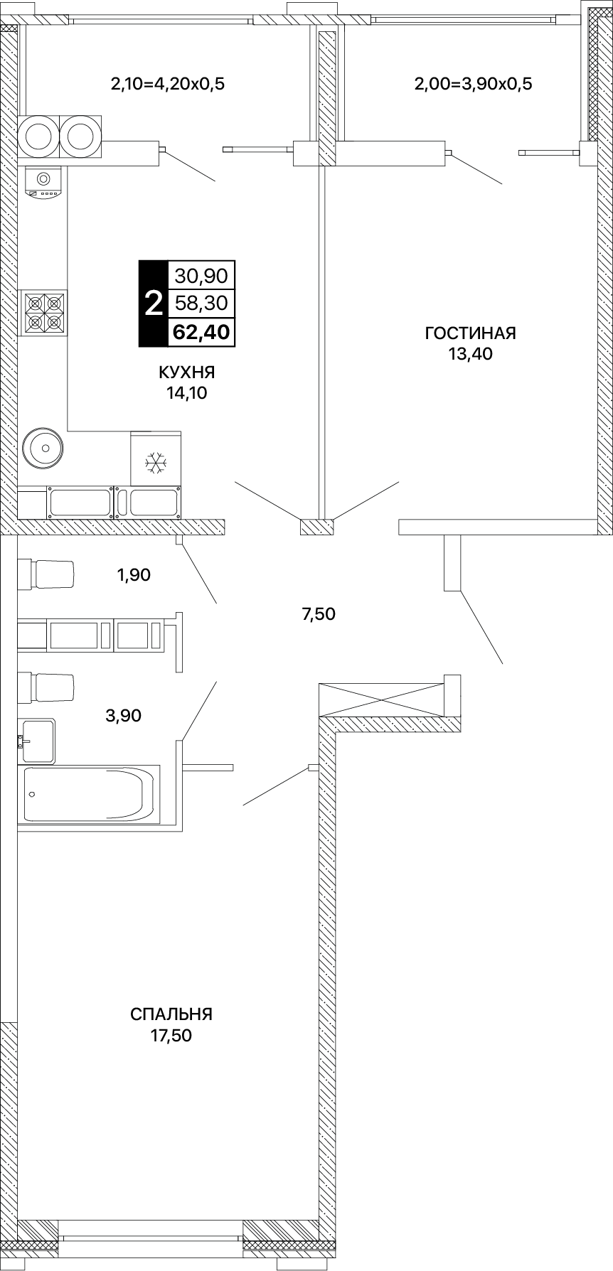 2-комнатная 62 м2 в ЖК Сияние корпус null этаж 15
