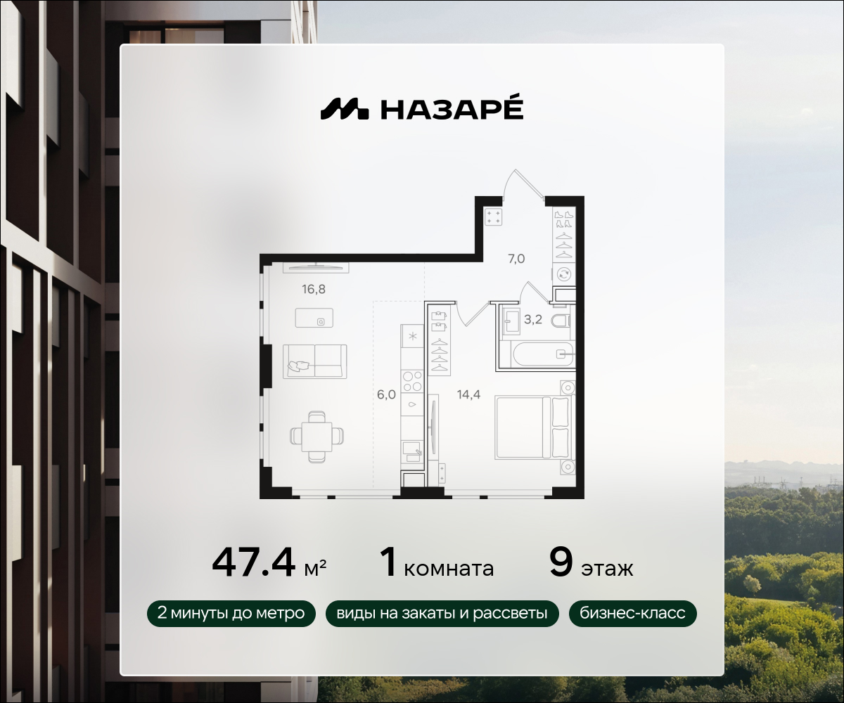 1-комнатная 47 м2 в ЖК НАЗАРÉ корпус null этаж 9