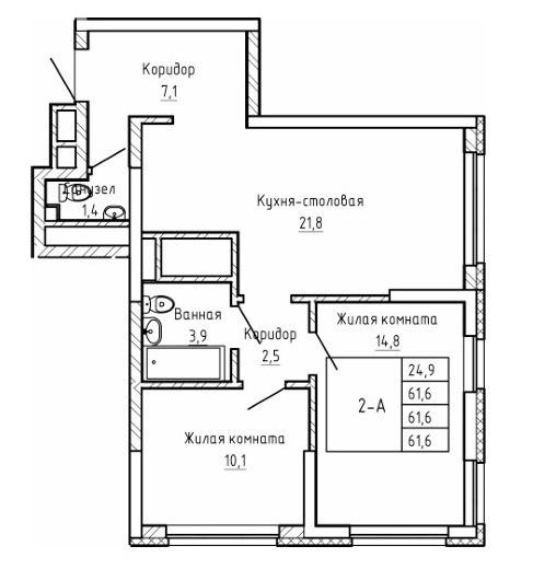 2-комнатная 61.6 м2 в ЖК undefined корпус null этаж 11