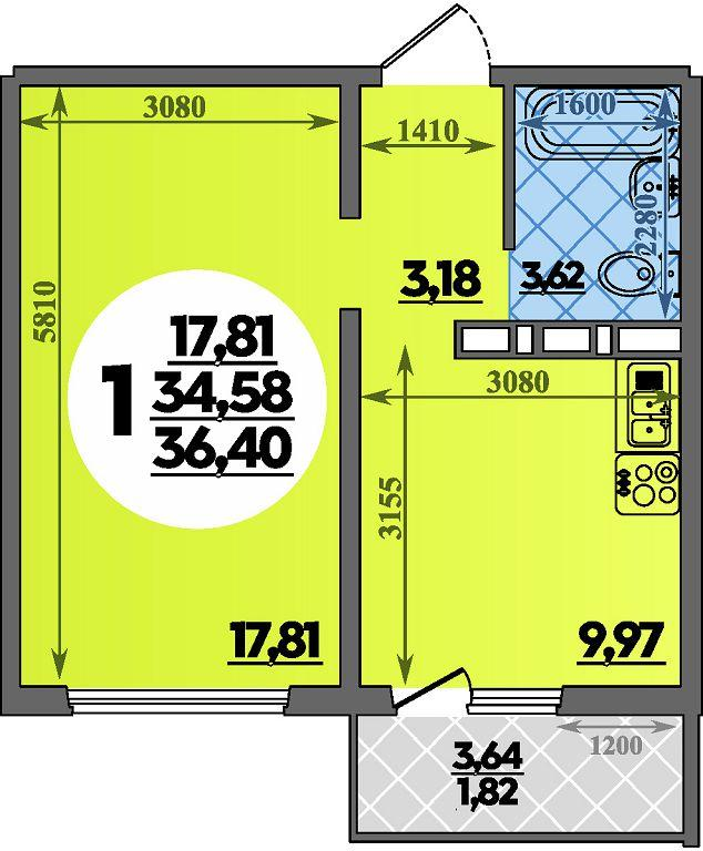 1-комнатная 36 м2 в ЖК Суворовский корпус null этаж 6