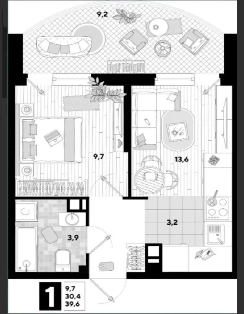 1-комнатная 39.6 м2 в ЖК undefined корпус null этаж 9