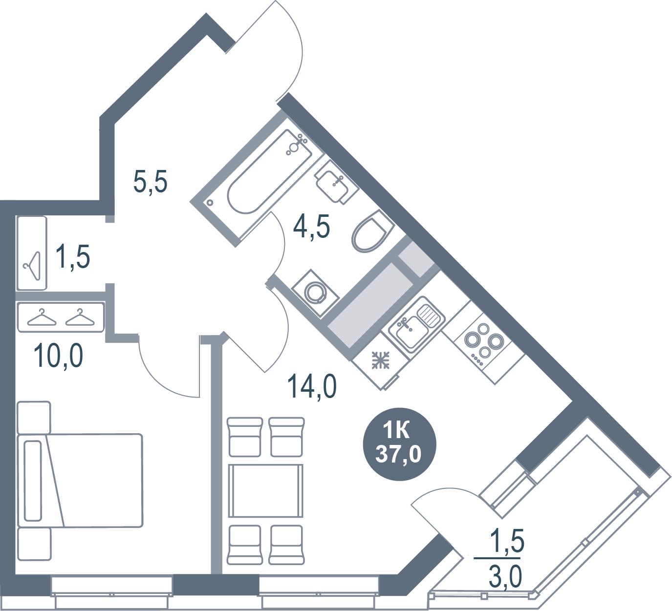 1-комнатная 37 м2 в ЖК Русич Котельники Парк корпус null этаж 12