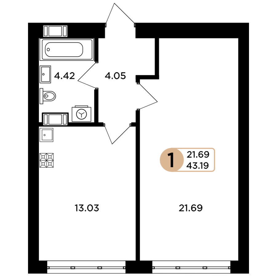 1-комнатная 43 м2 в ЖК Легенда корпус null этаж 7