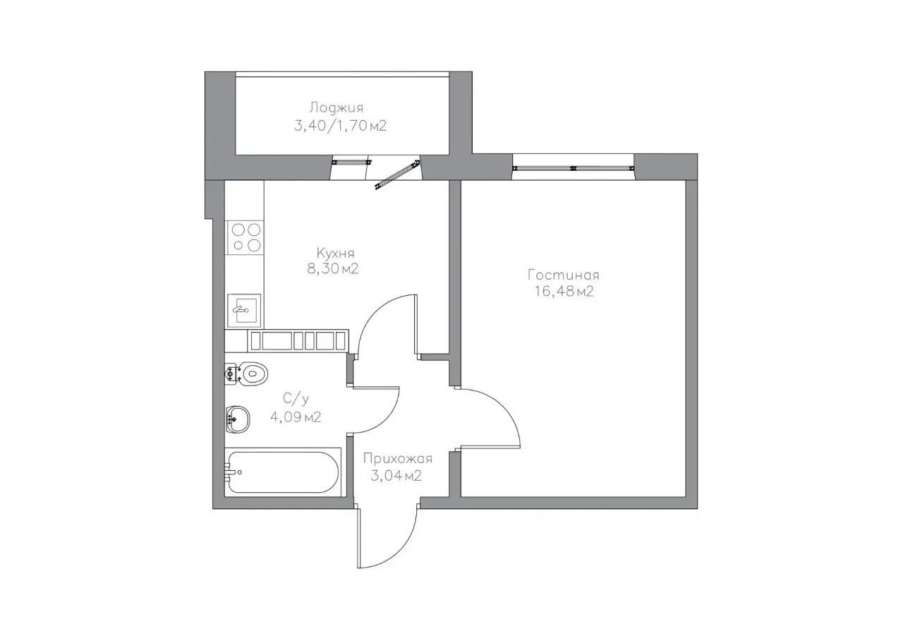 1-комнатная 33.8 м2 в ЖК undefined корпус null этаж 3