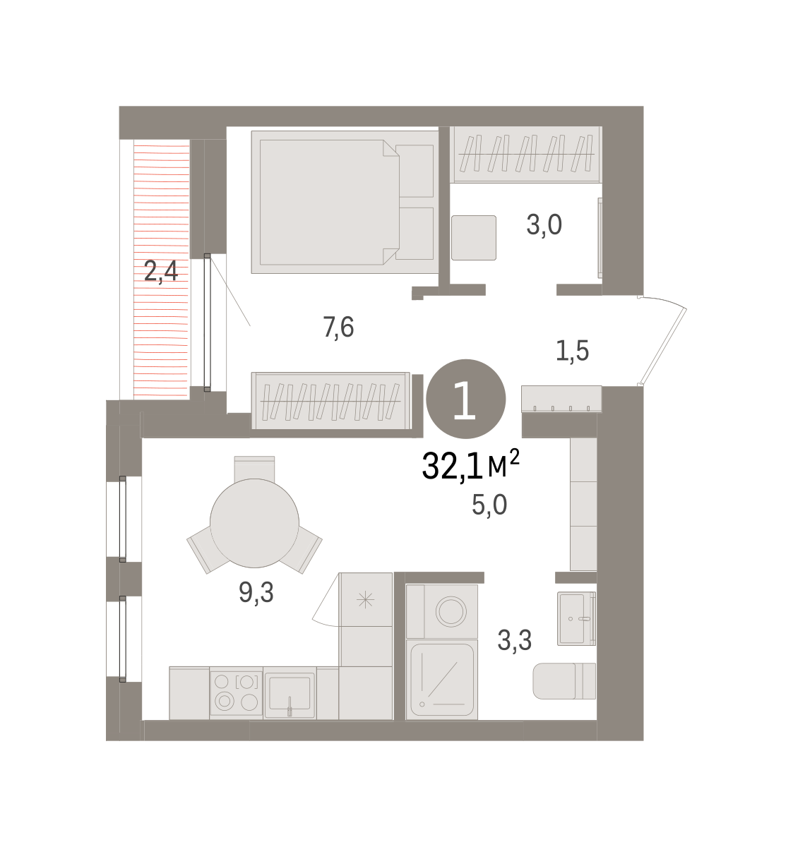 1-комнатная 31 м2 в ЖК Зарека корпус null этаж 3