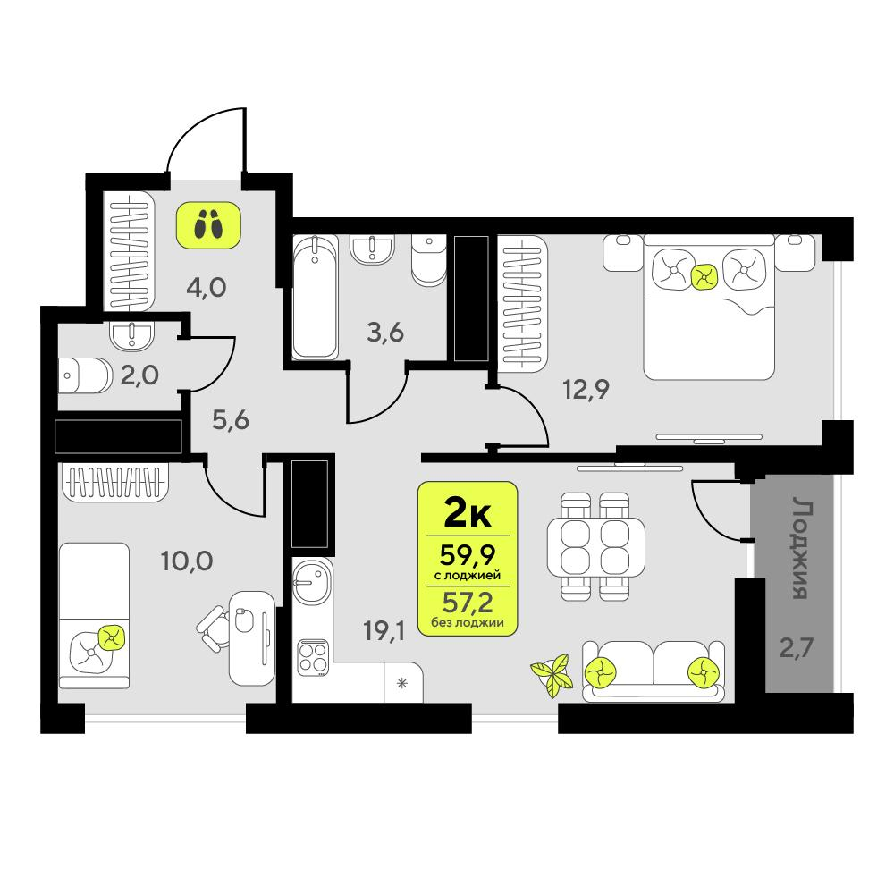 2-комнатная 59 м2 в ЖК Мотивы корпус null этаж 14