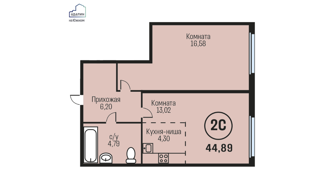 2-комнатная 44.9 м2 в ЖК undefined корпус null этаж 8