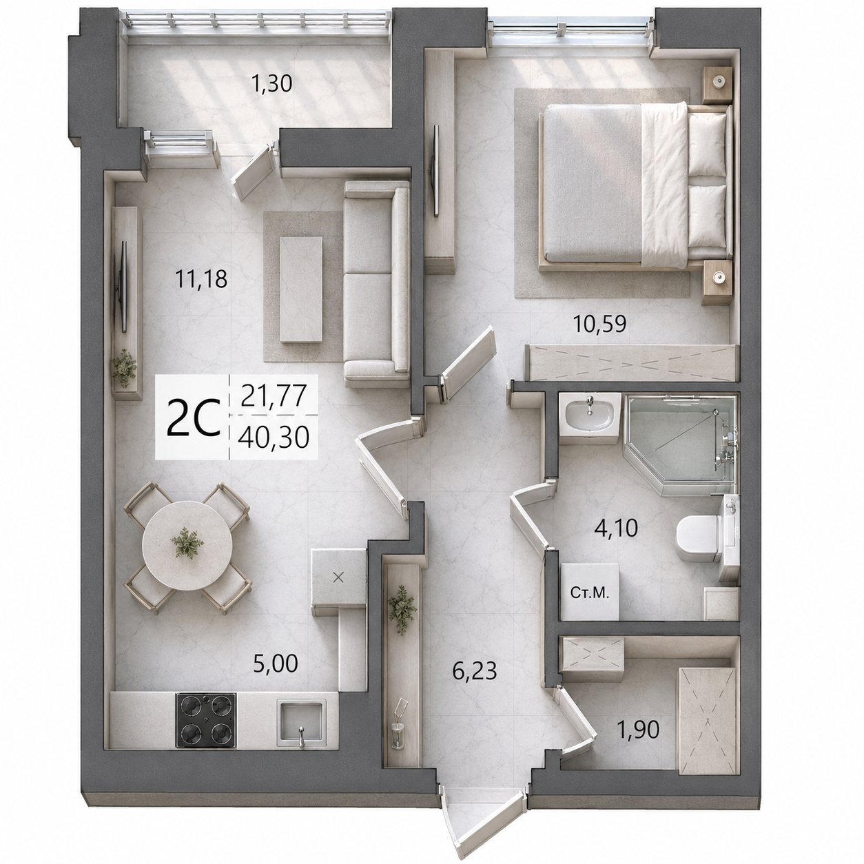 2-комнатная 40 м2 в ЖК Волна корпус null этаж 12