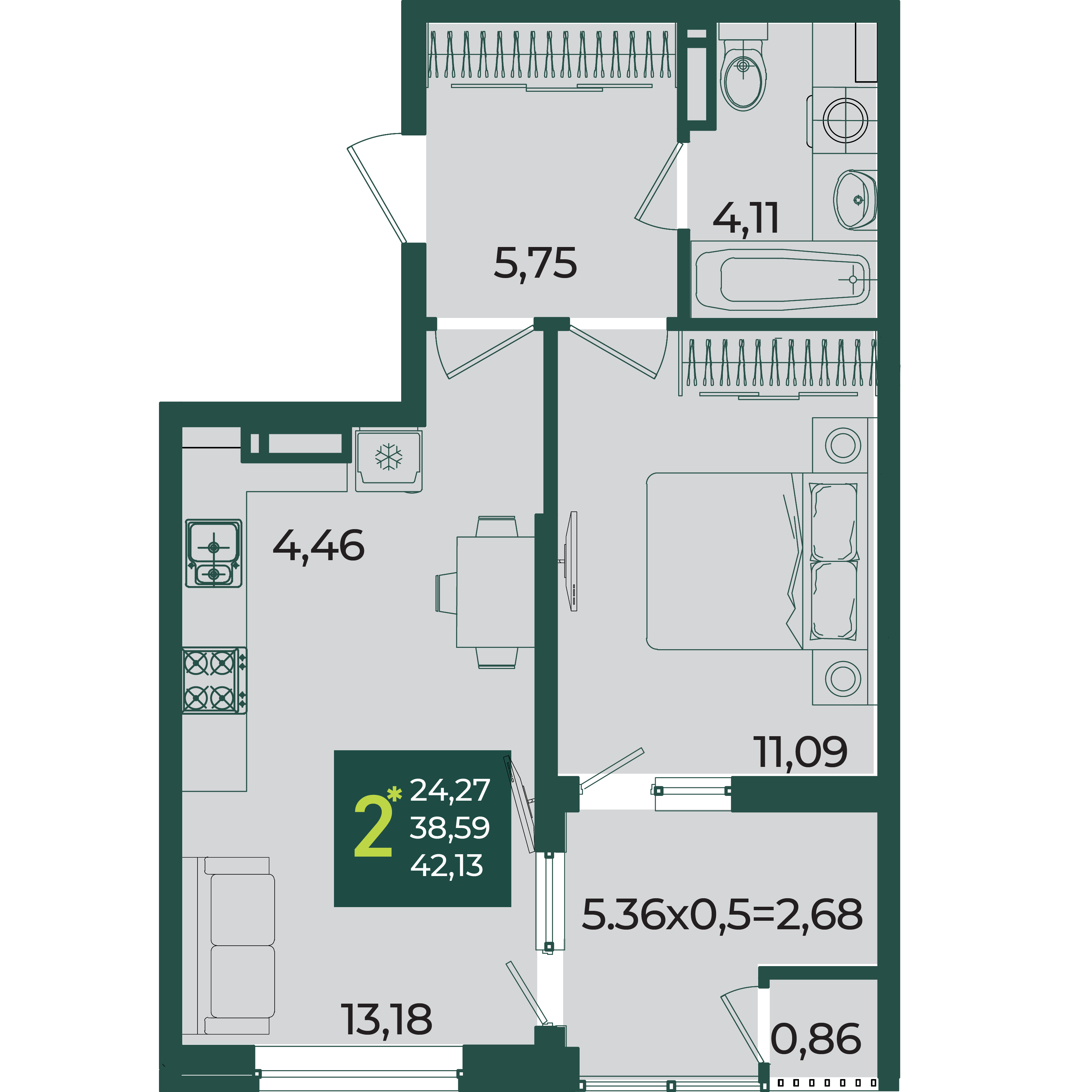 2-комнатная 42 м2 в ЖК Образцово корпус null этаж 11