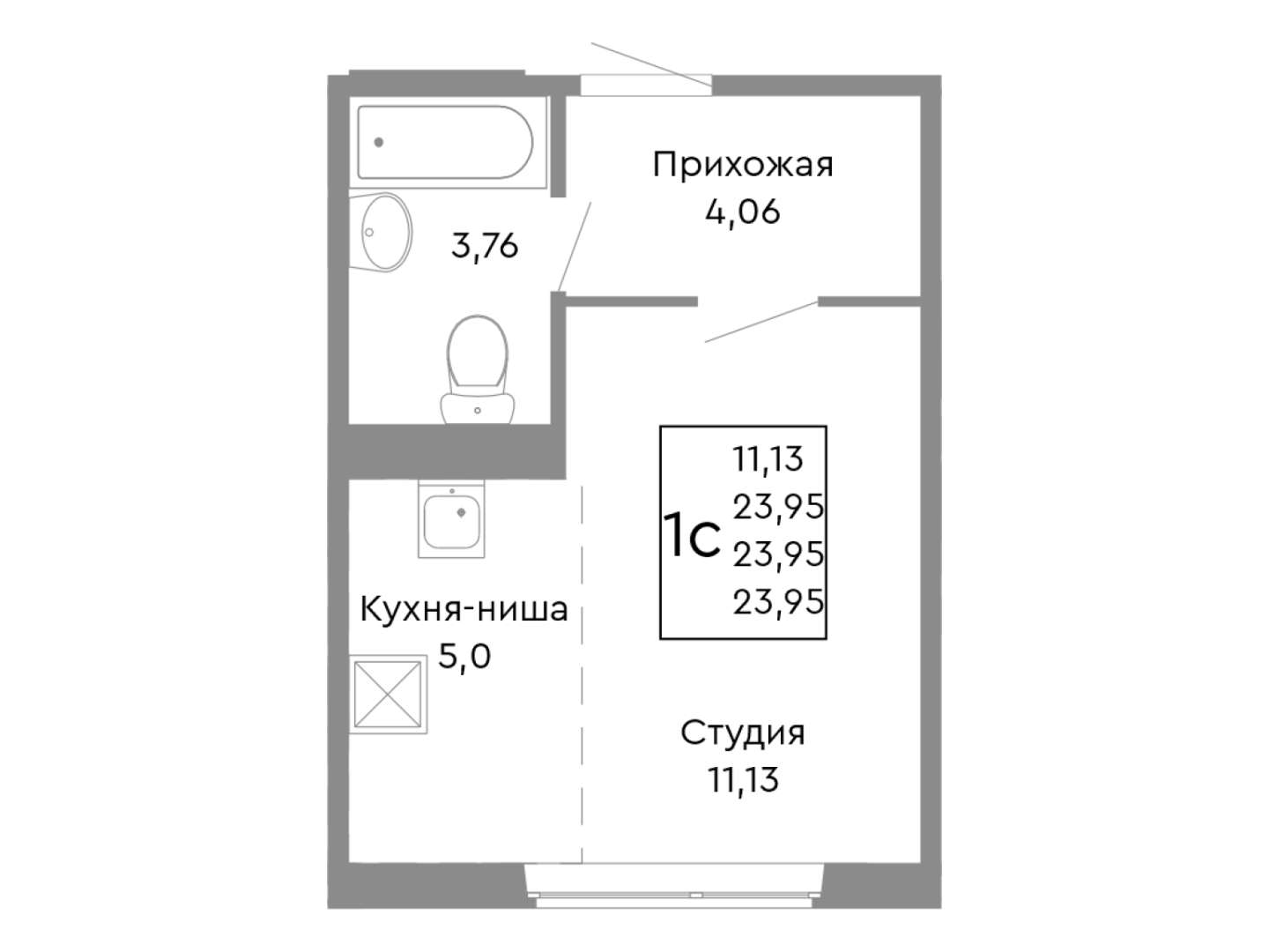 Студия 23.9 м2 в ЖК undefined корпус null этаж 3