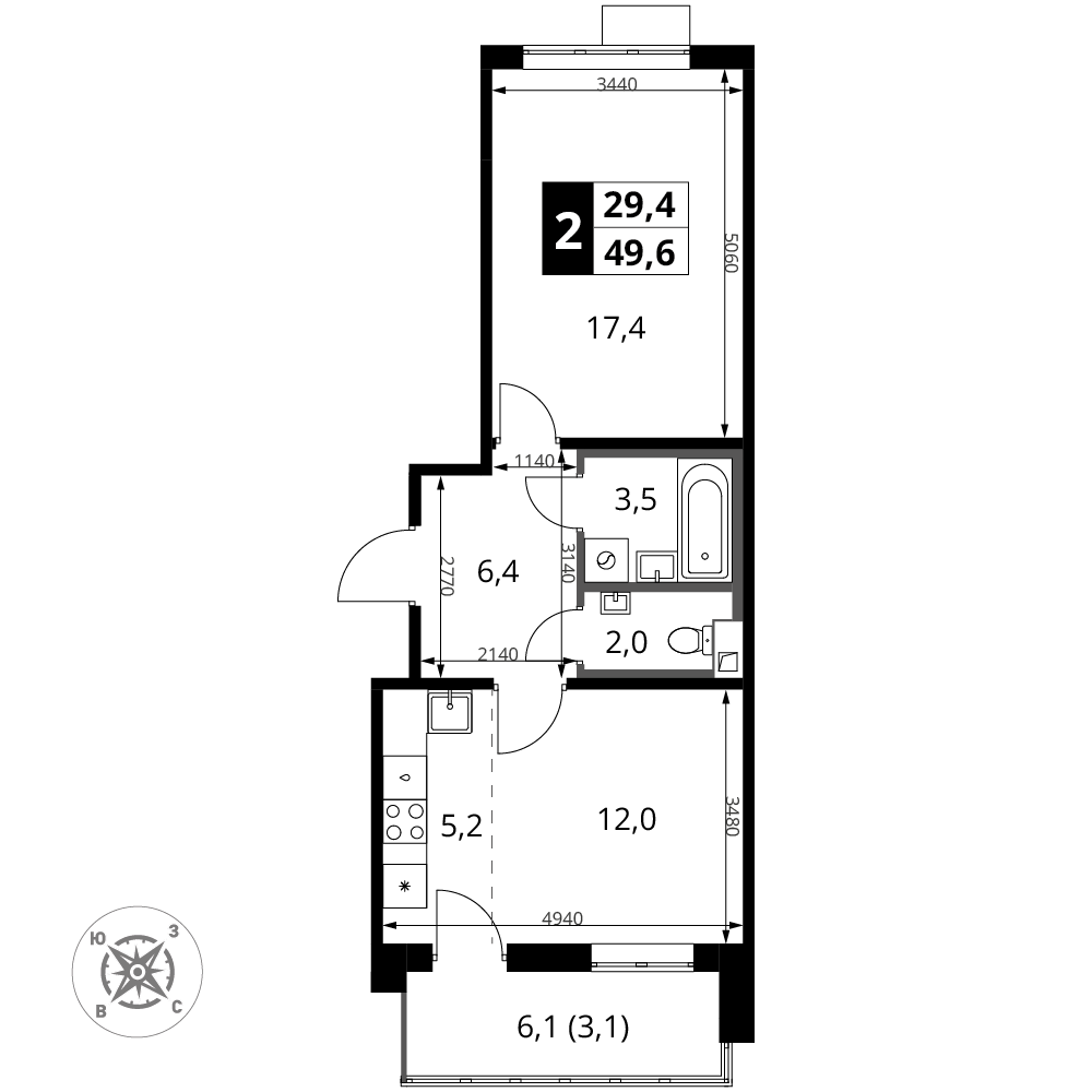2-комнатная 49 м2 в ЖК 1-й Шереметьевский корпус null этаж 7