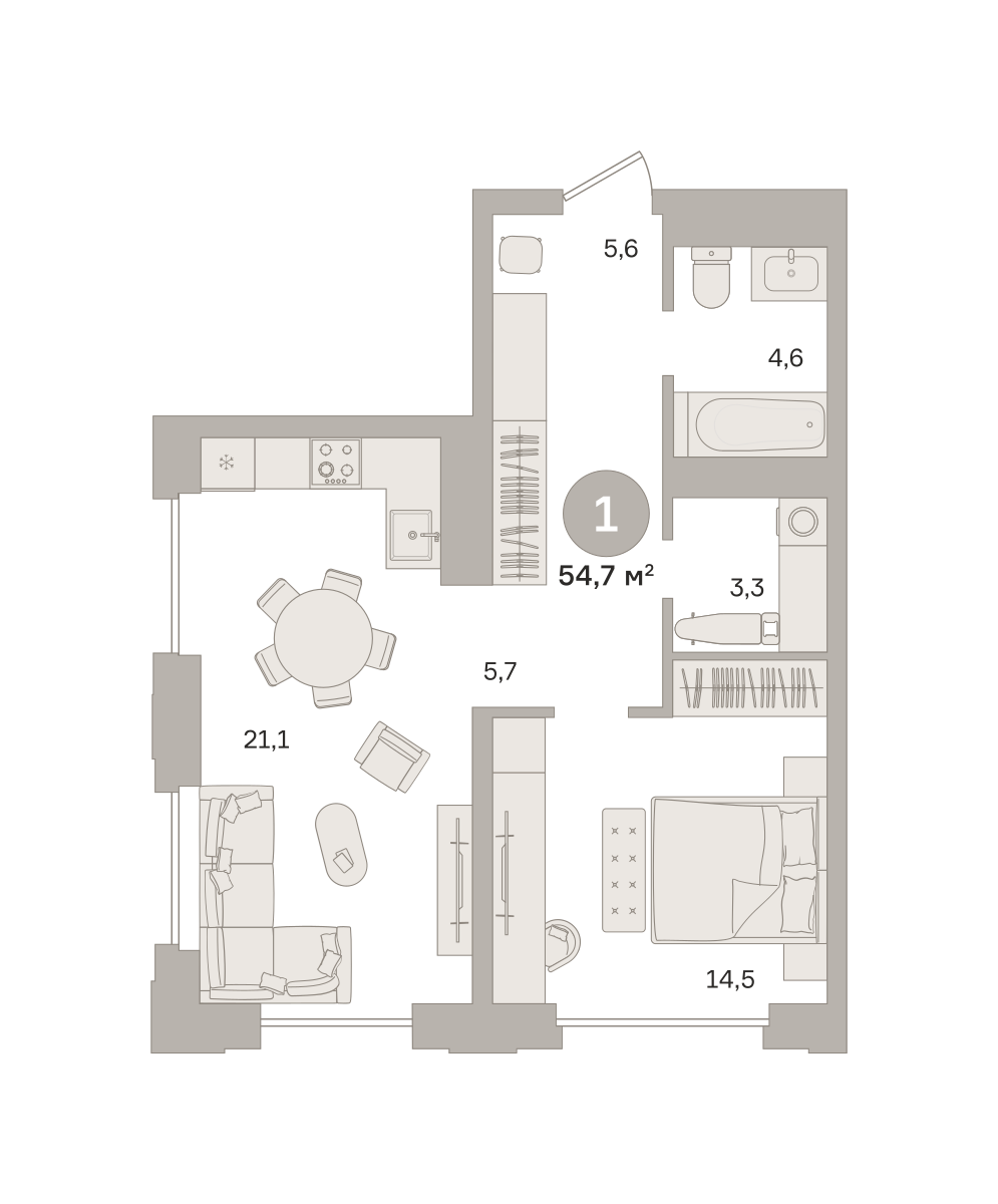 1-комнатная 54 м2 в ЖК Квартал МОНС корпус null этаж 24