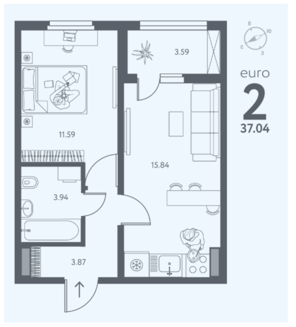 2-комнатная 37 м2 в ЖК undefined корпус null этаж 6