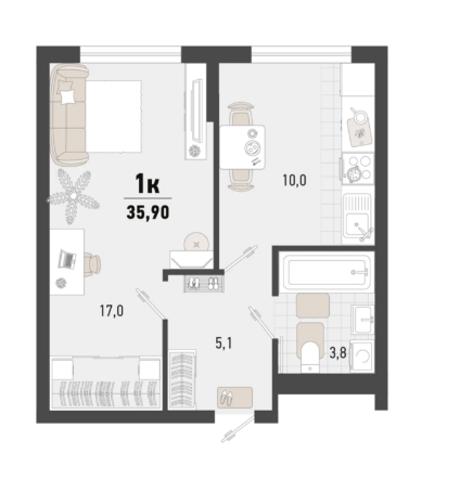 1-комнатная 35.9 м2 в ЖК undefined корпус null этаж 1