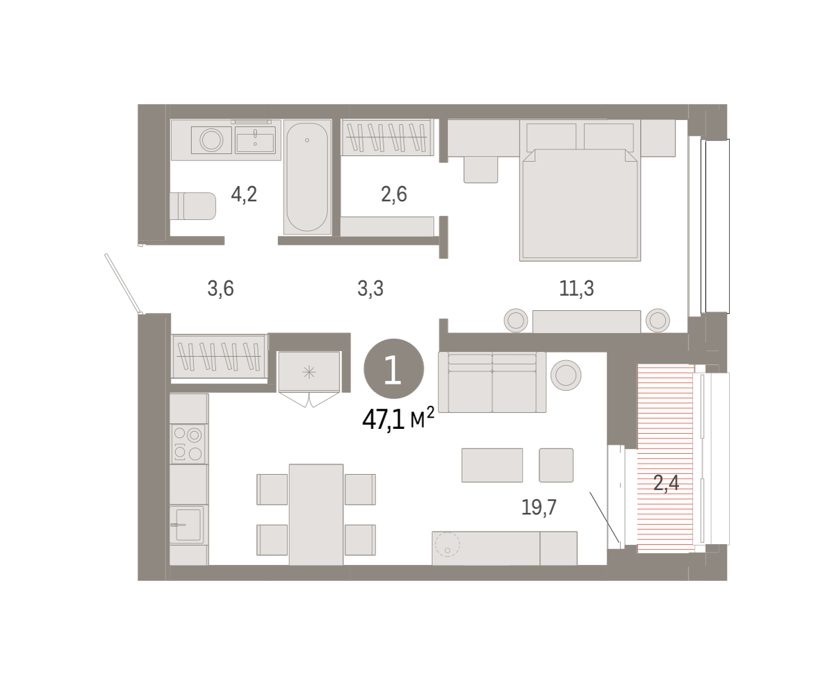 1-комнатная 47 м2 в ЖК Квартал Нефть корпус null этаж 14