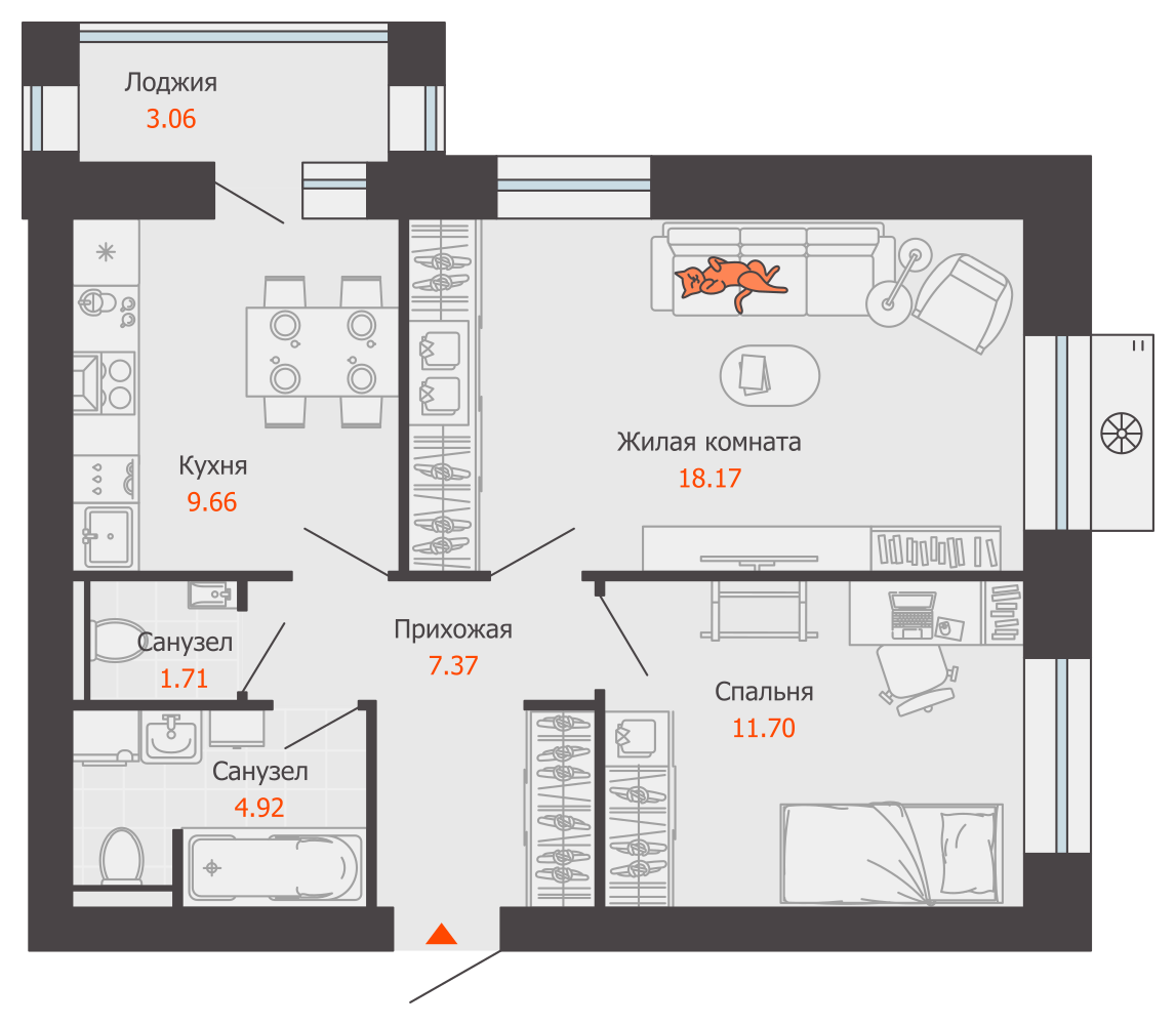 2-комнатная 55 м2 в ЖК Зарядное корпус null этаж 6