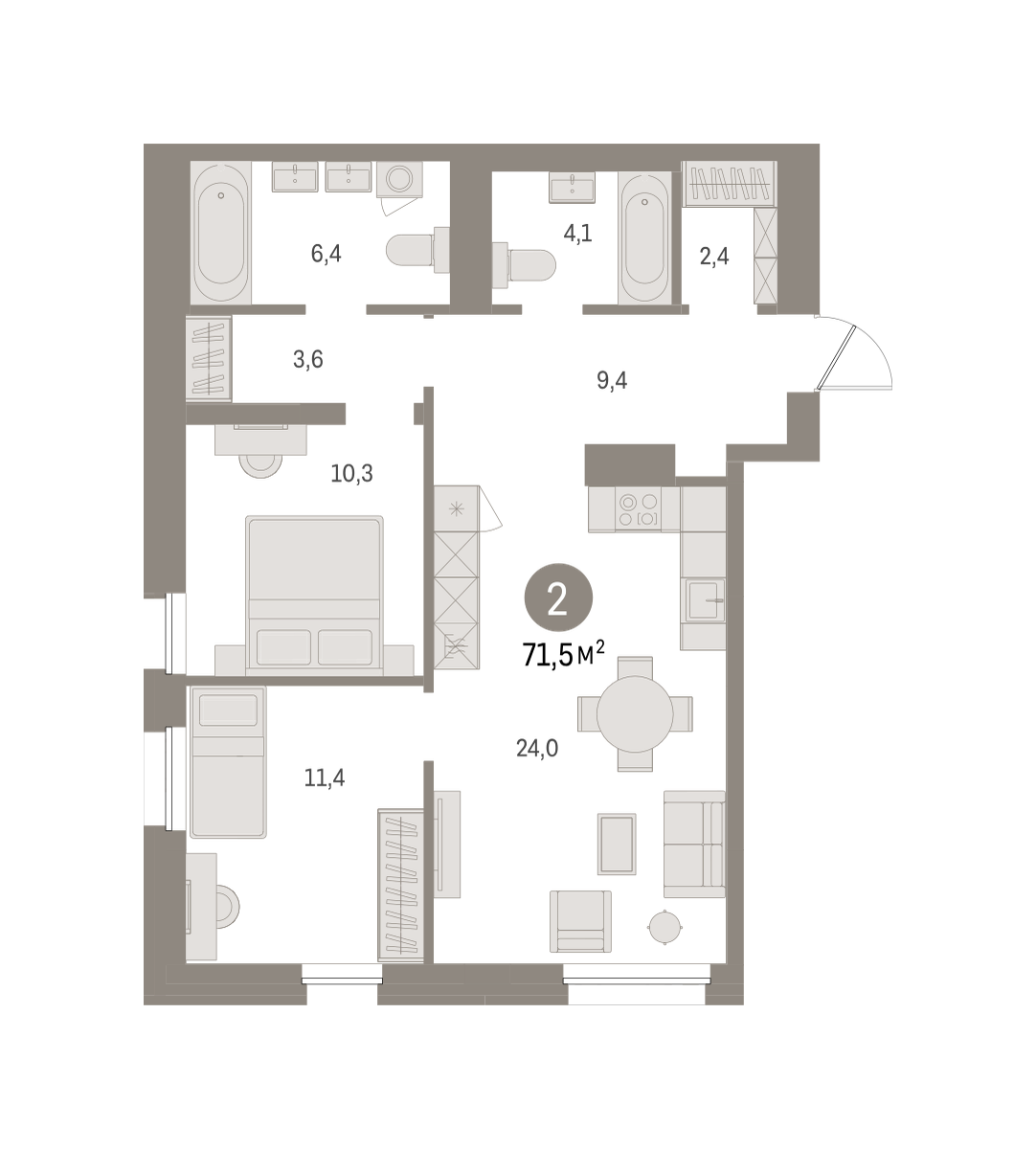 2-комнатная 71 м2 в ЖК Северный ветер корпус null этаж 2