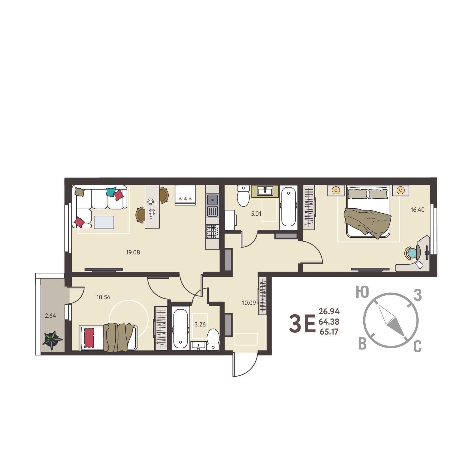 2-комнатная 65 м2 в ЖК Инстеп.Сити корпус null этаж 14