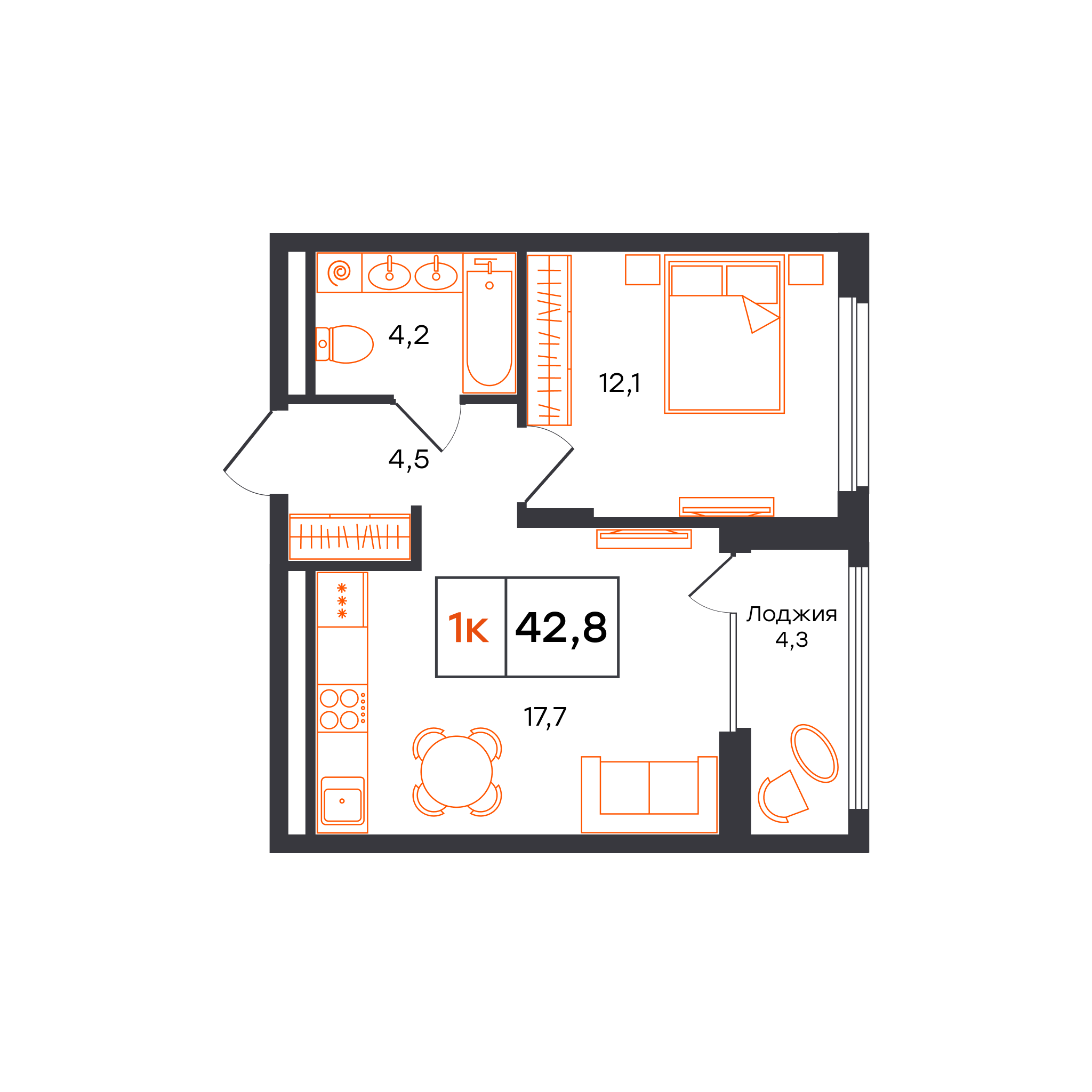 1-комнатная 42 м2 в ЖК Александровский корпус null этаж 6