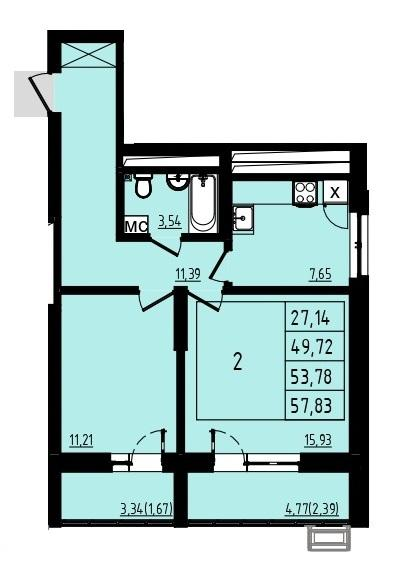 2-комнатная 53 м2 в ЖК Новоленд корпус null этаж 2