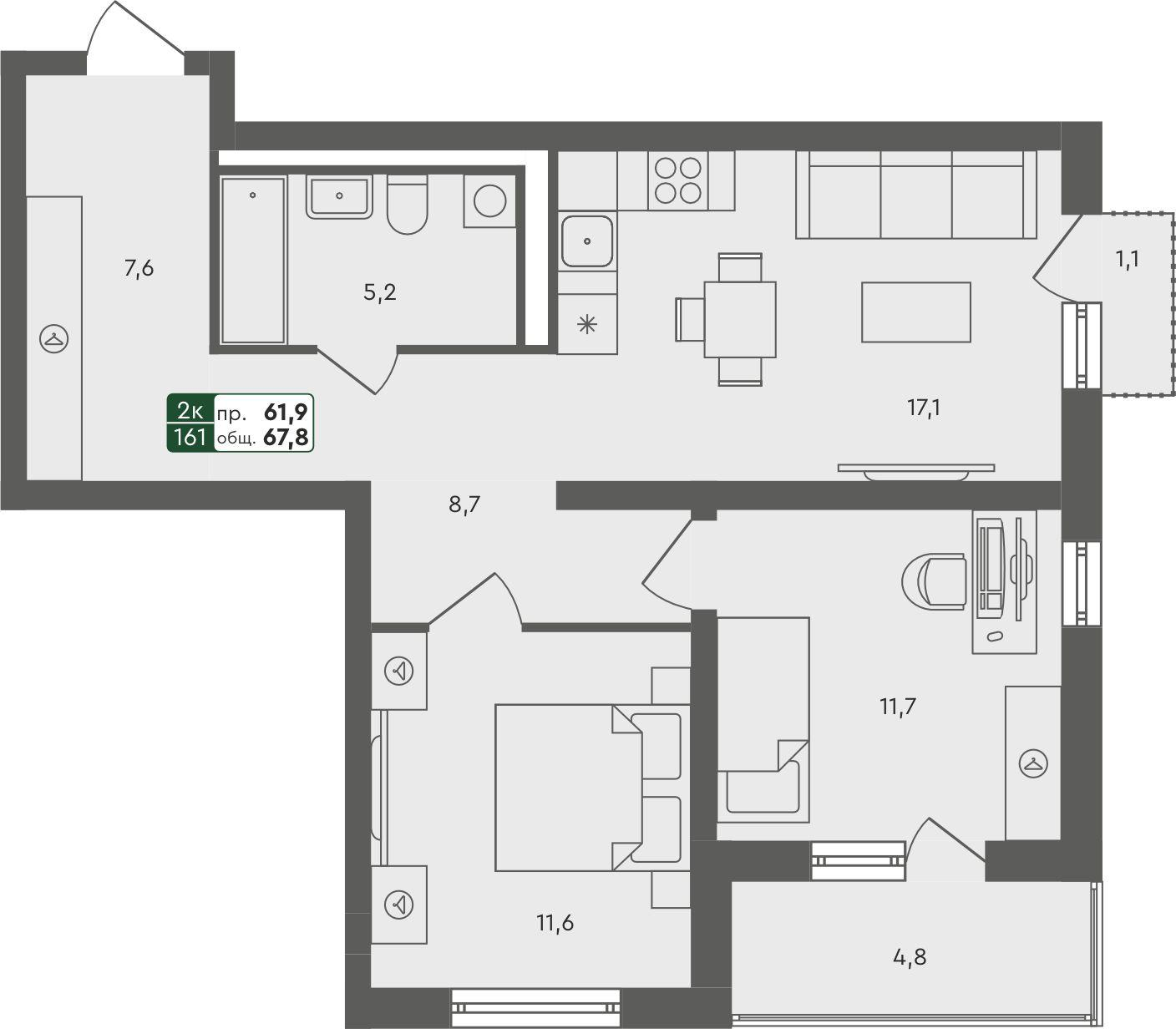 2-комнатная 67 м2 в ЖК Ритмы корпус null этаж 2