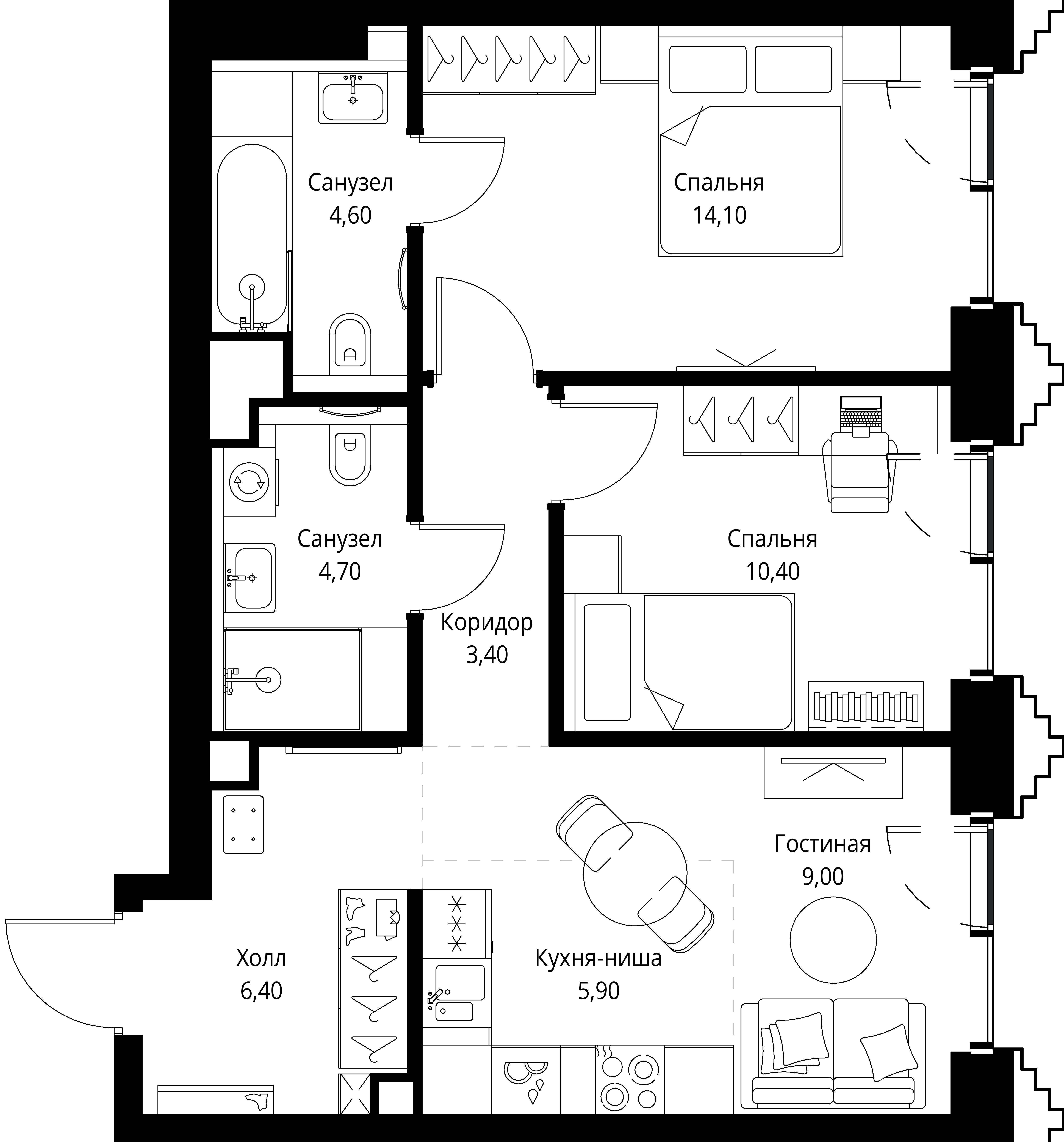 2-комнатная 58 м2 в ЖК СЕТ корпус null этаж 7