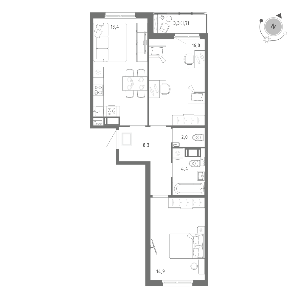 2-комнатная 65 м2 в ЖК Клюква.Парк корпус null этаж 9