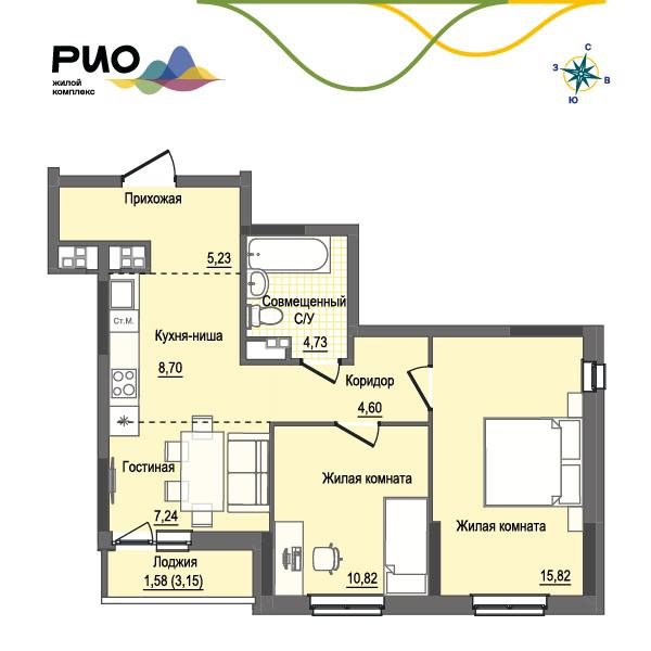 1-комнатная 58 м2 в ЖК Рио корпус null этаж 11