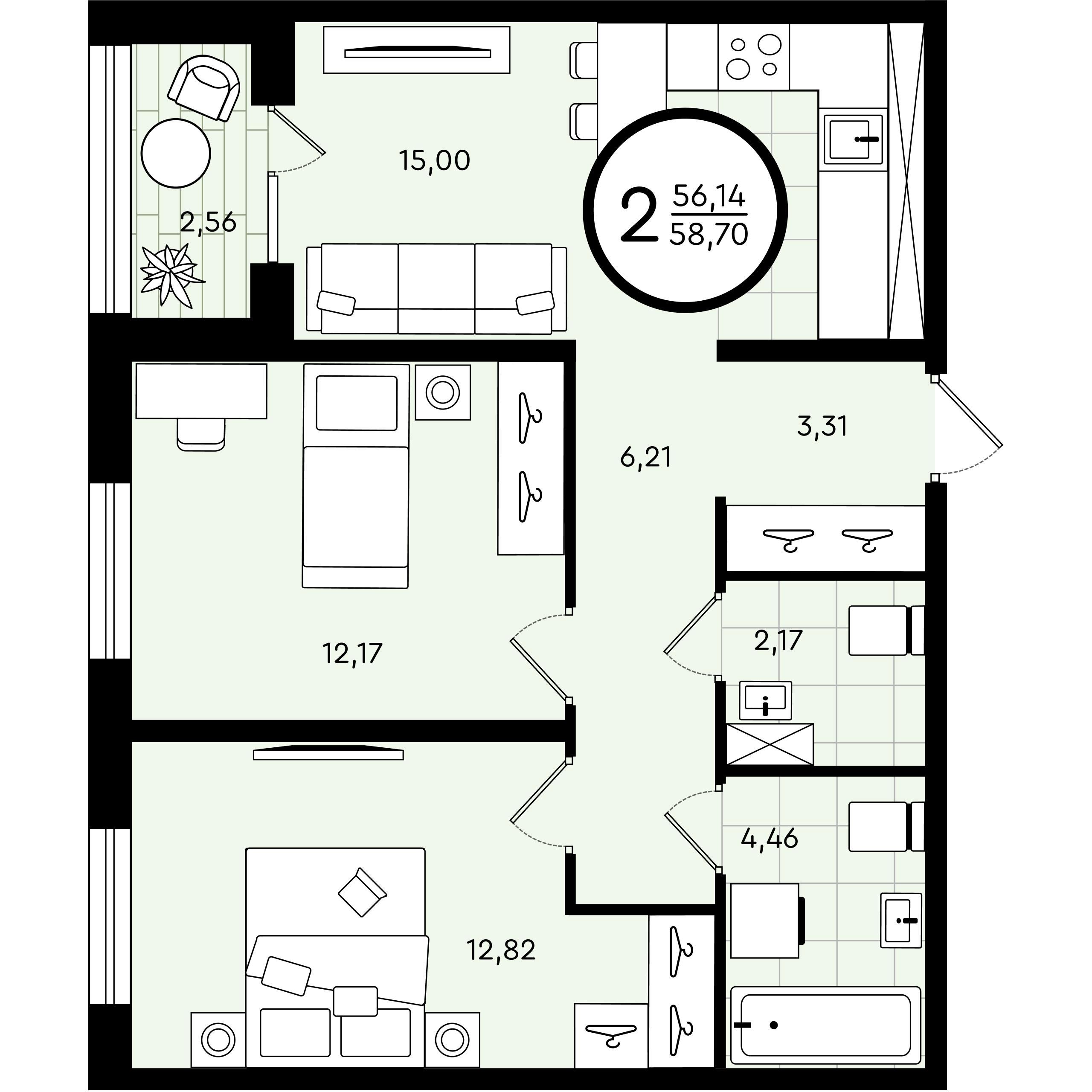 2-комнатная 58 м2 в ЖК Зеленые Аллеи корпус null этаж 4
