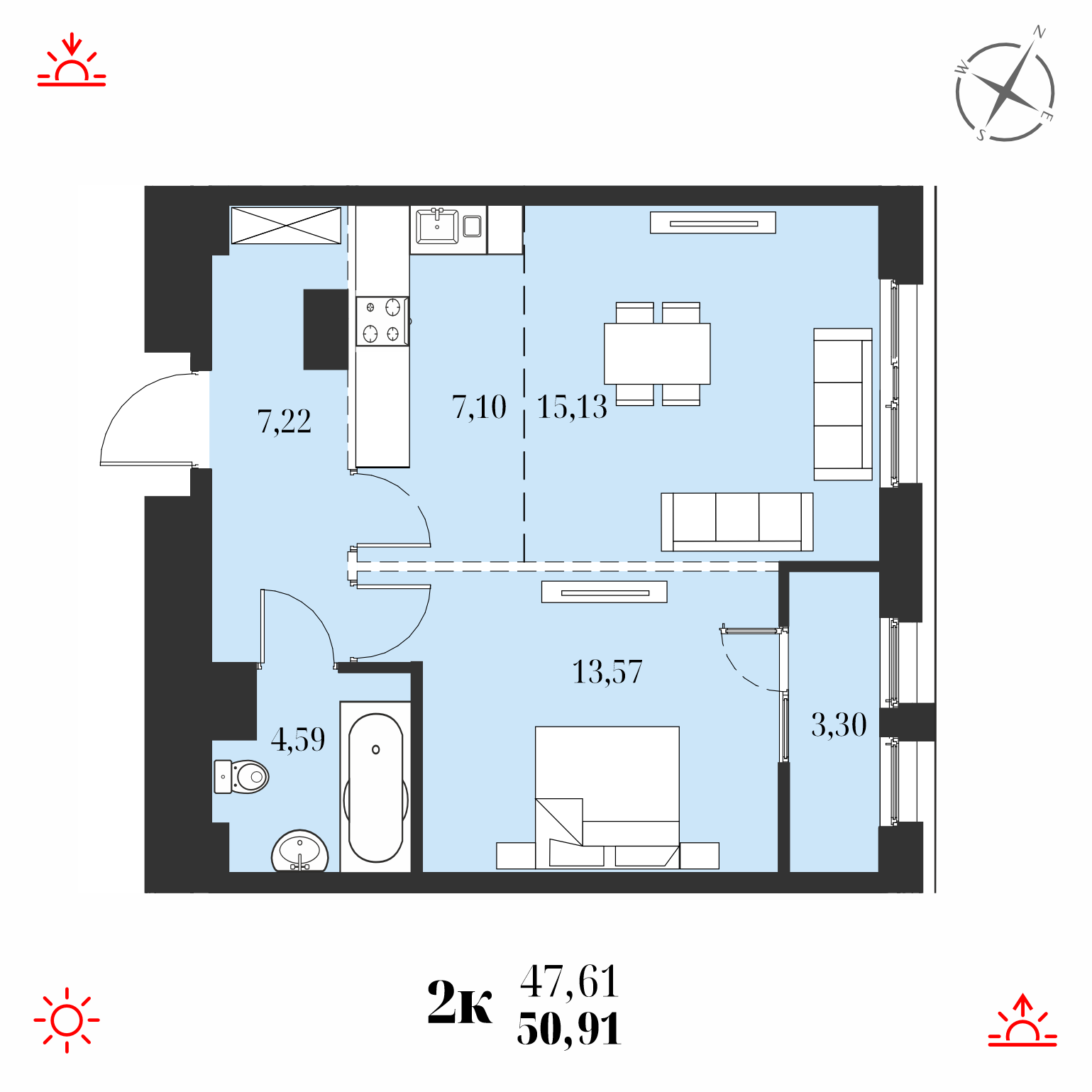 2-комнатная 50 м2 в ЖК Адмирал корпус null этаж 11