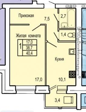 1-комнатная 40.6 м2 в ЖК undefined корпус null этаж 7