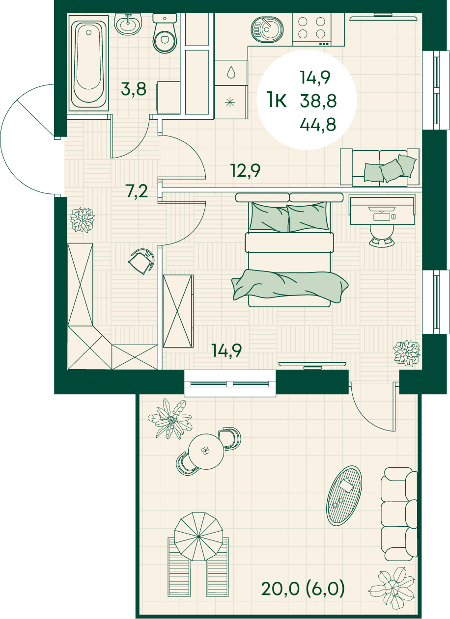 1-комнатная 44 м2 в ЖК Green Apple корпус null этаж 2