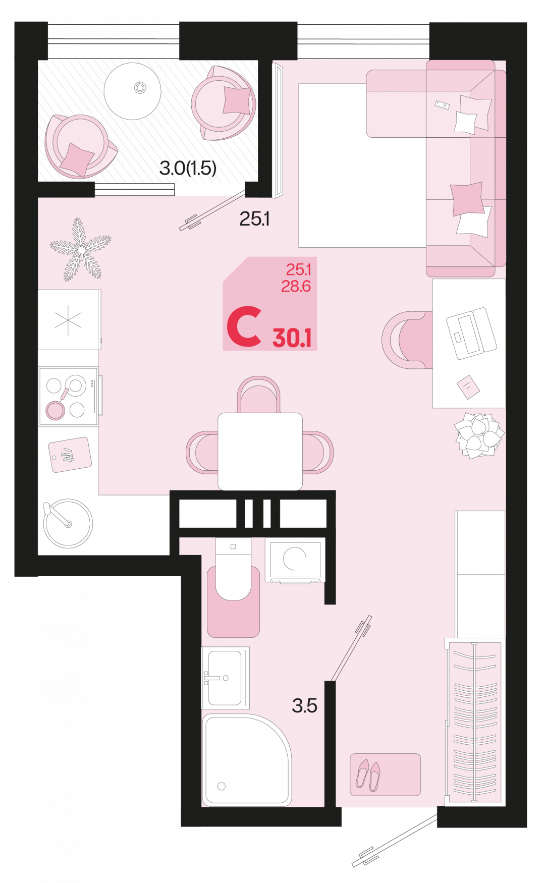 Студия 30.1 м2 в ЖК undefined корпус null этаж 4