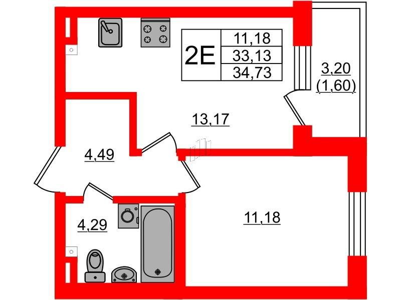 1-комнатная 34 м2 в ЖК Золотые купола. Новая История корпус null этаж 2