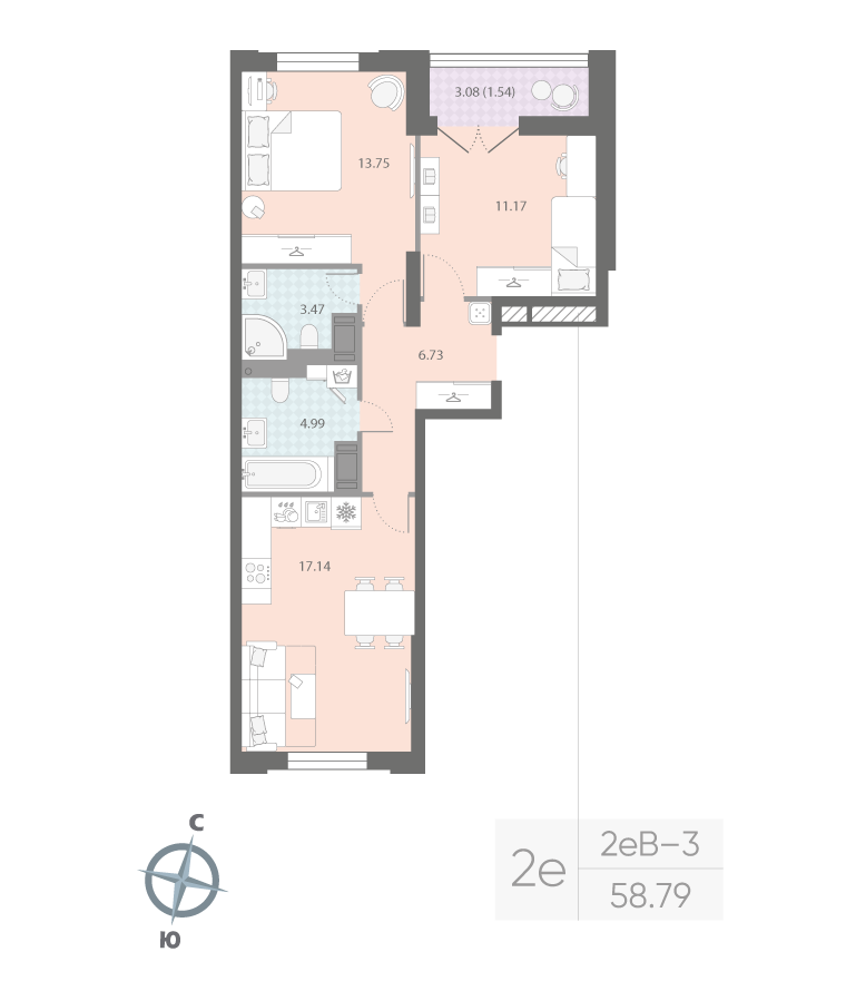 2-комнатная 58 м2 в ЖК Цивилизация на Неве корпус null этаж 6