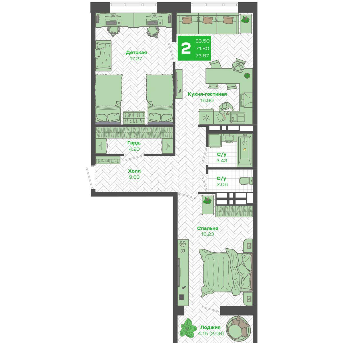 2-комнатная 71 м2 в ЖК Зелёный Бульвар 2 корпус null этаж 9